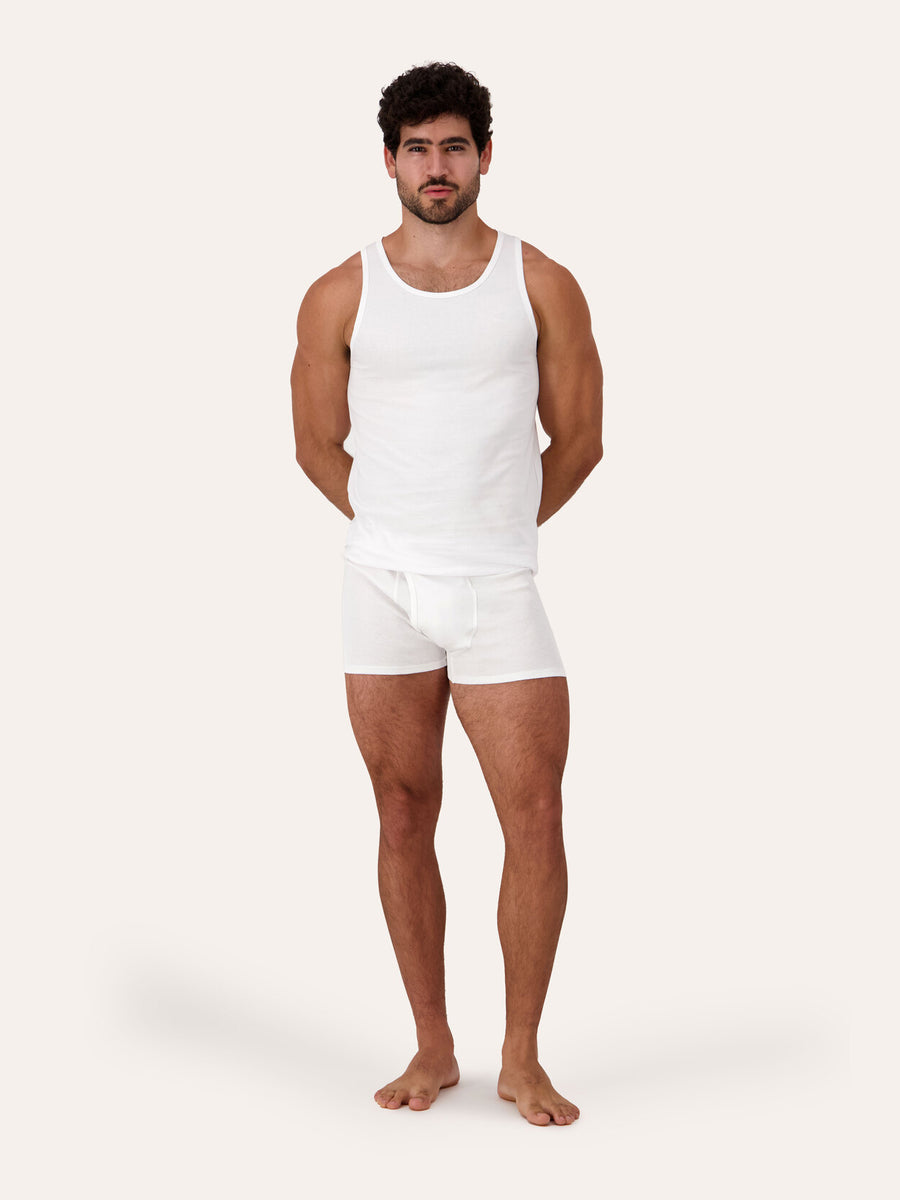 White / Black, White & Gray | West Corner tank top in white — front, on model