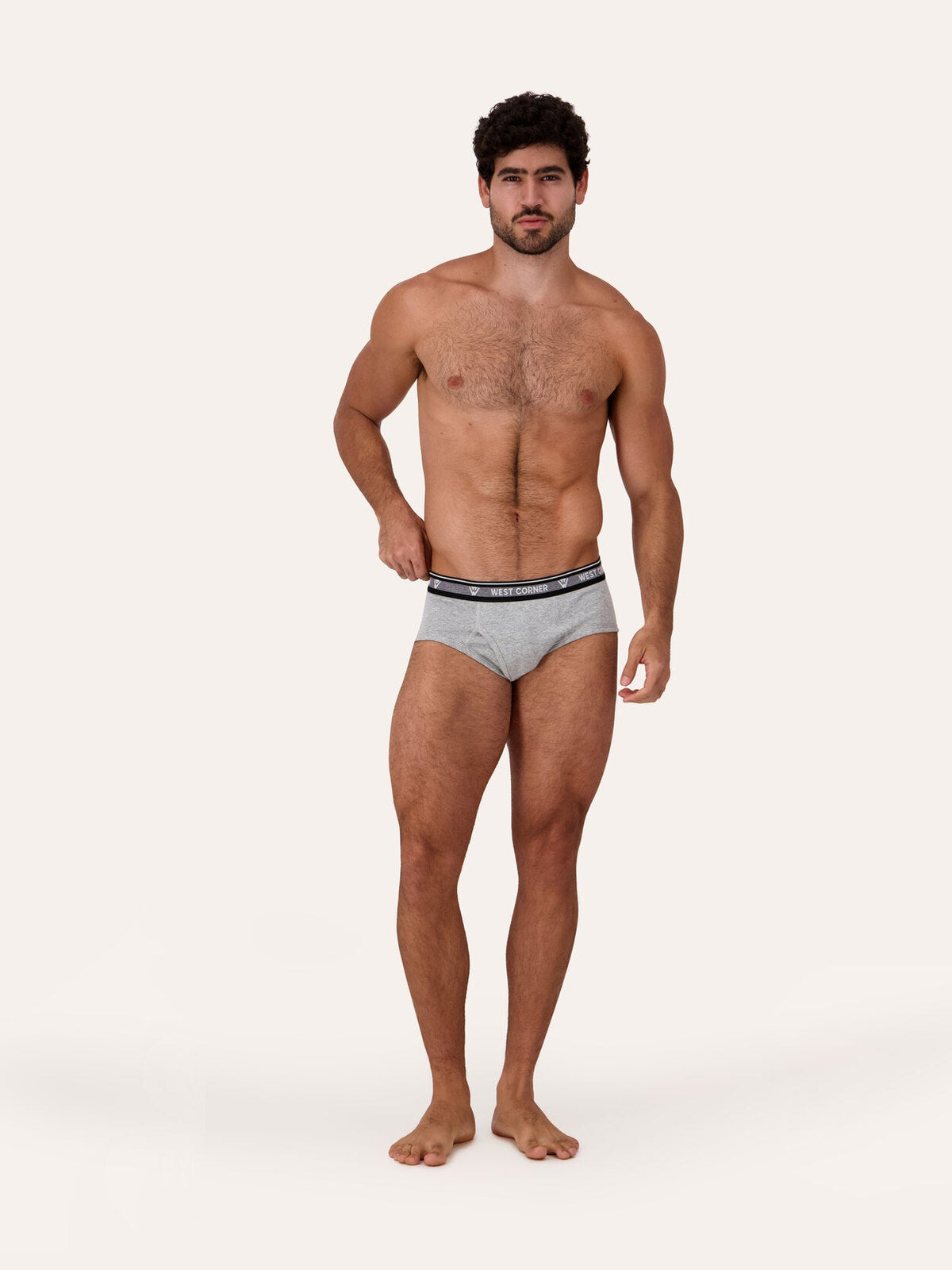 West Corner brief in gray melange — front, on model