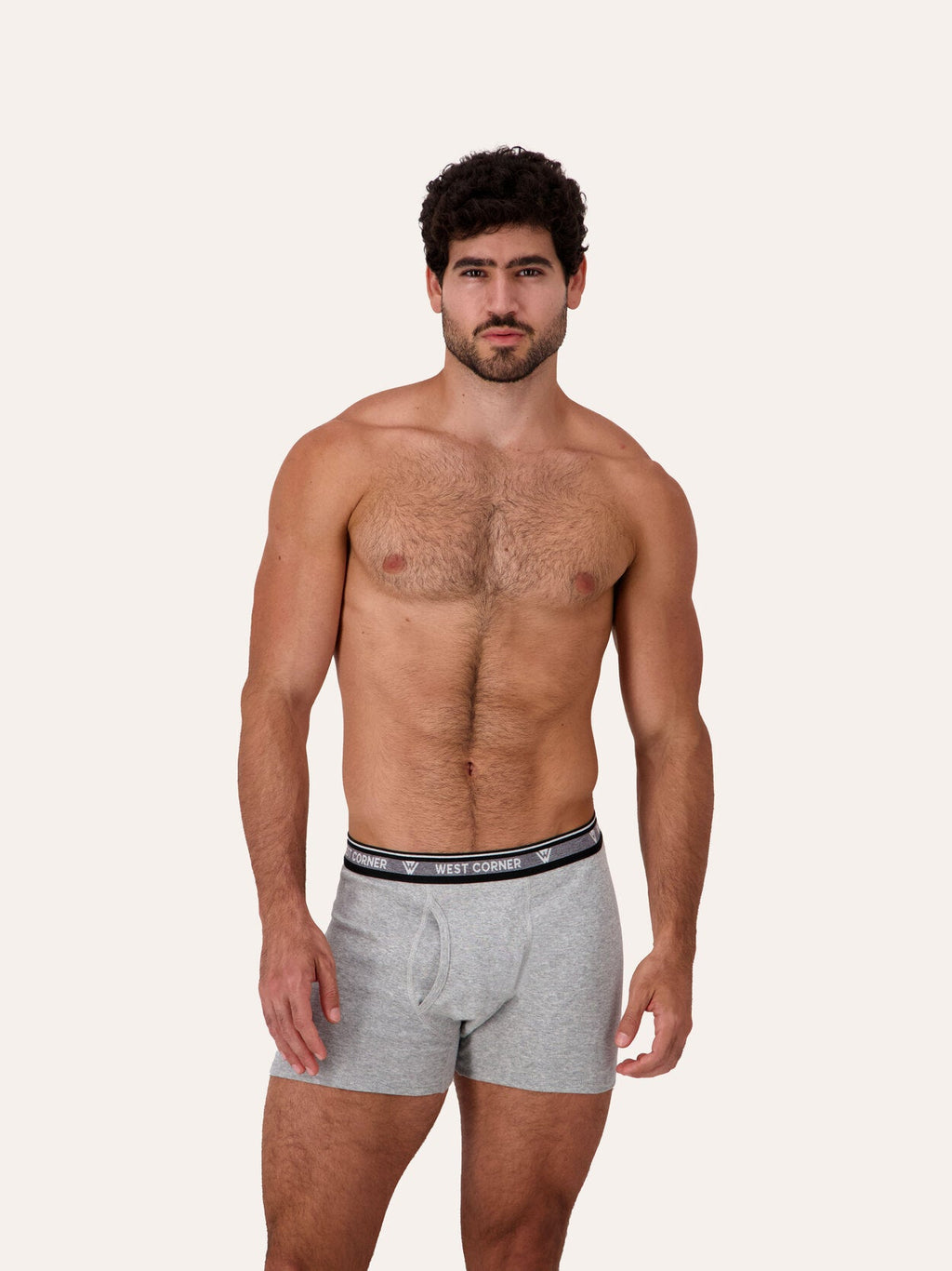 West Corner boxer brief in gray melange — front close-up, on model