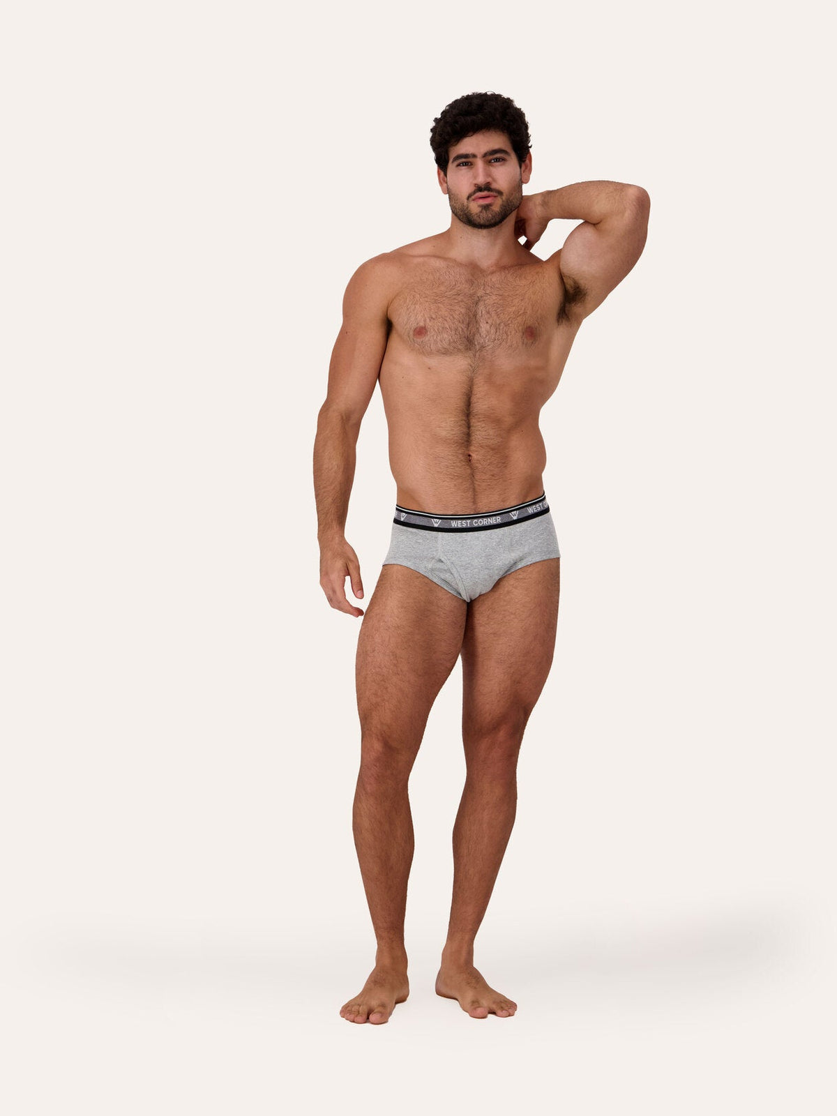 West Corner brief in gray melange — front close-up, on model