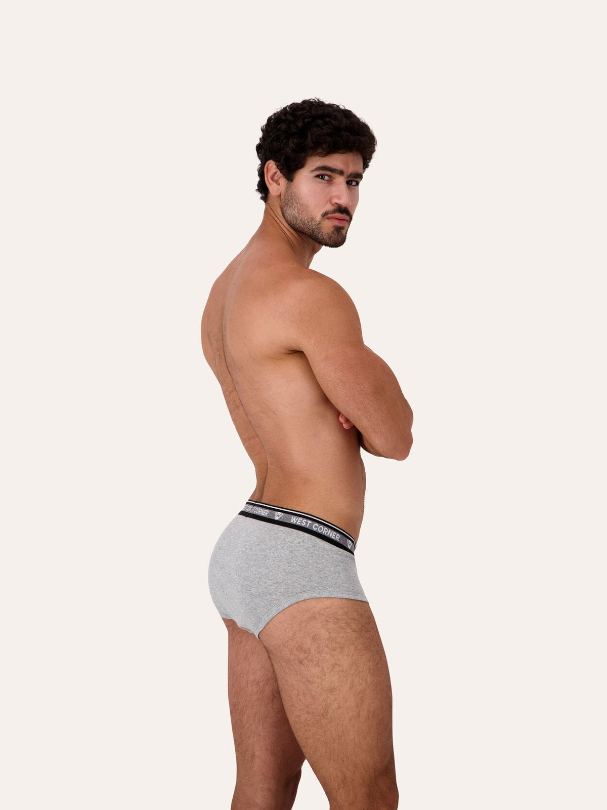 West Corner brief in gray melange — back, on model
