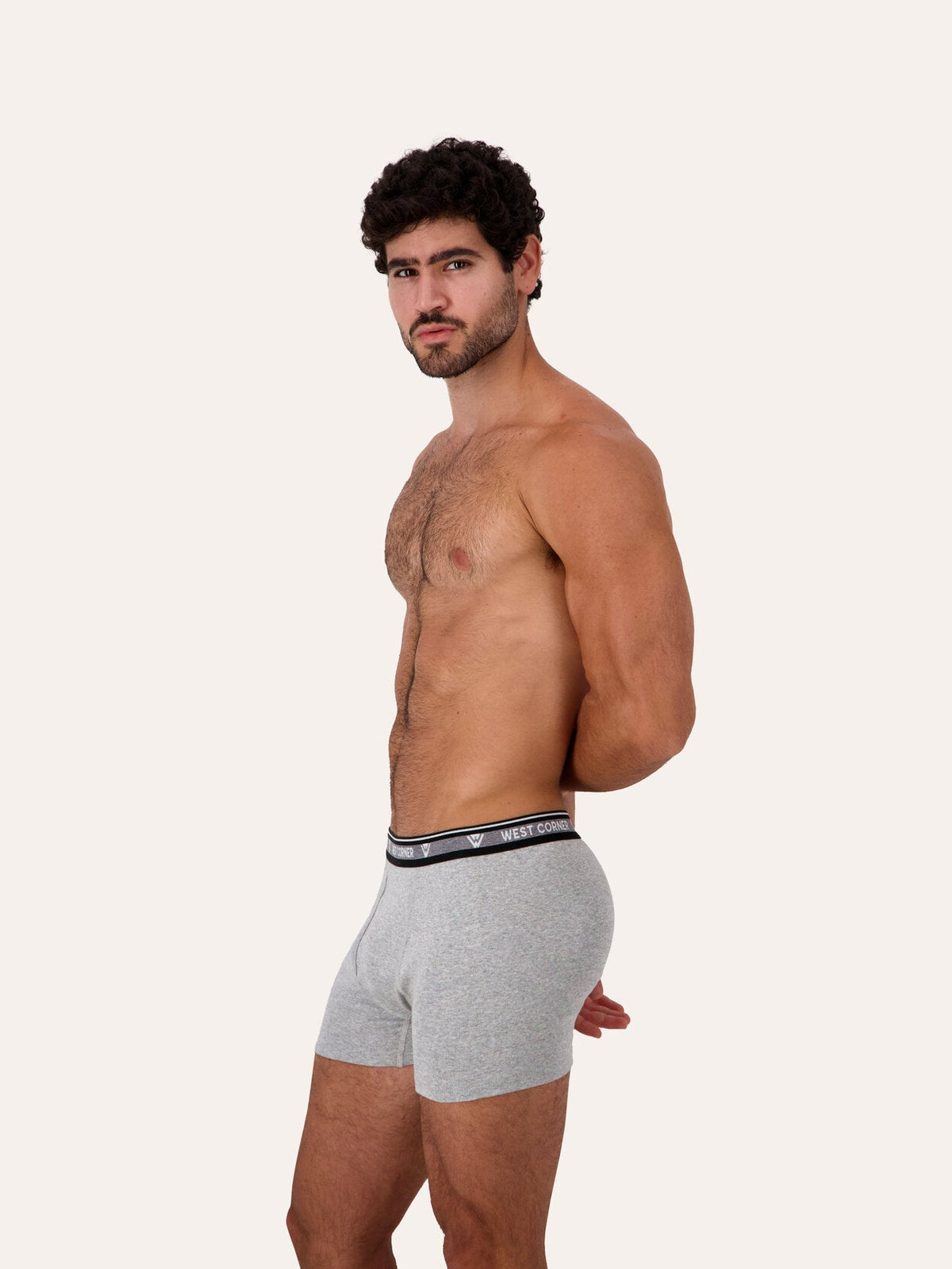 West Corner boxer brief in gray melange — side, on model