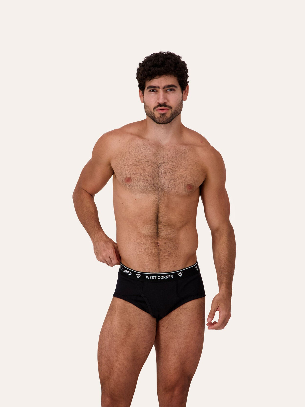 West Corner brief in black — front, on model