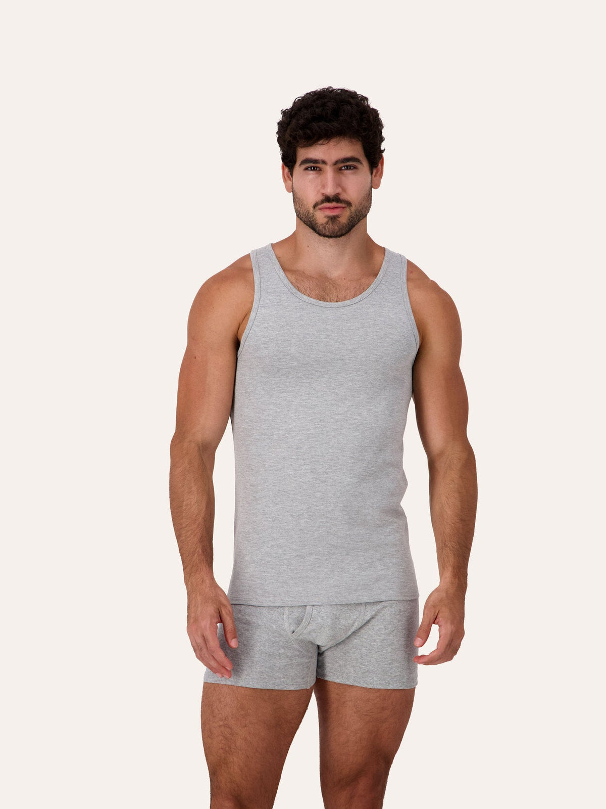 West Corner tank top in gray melange — front, on model