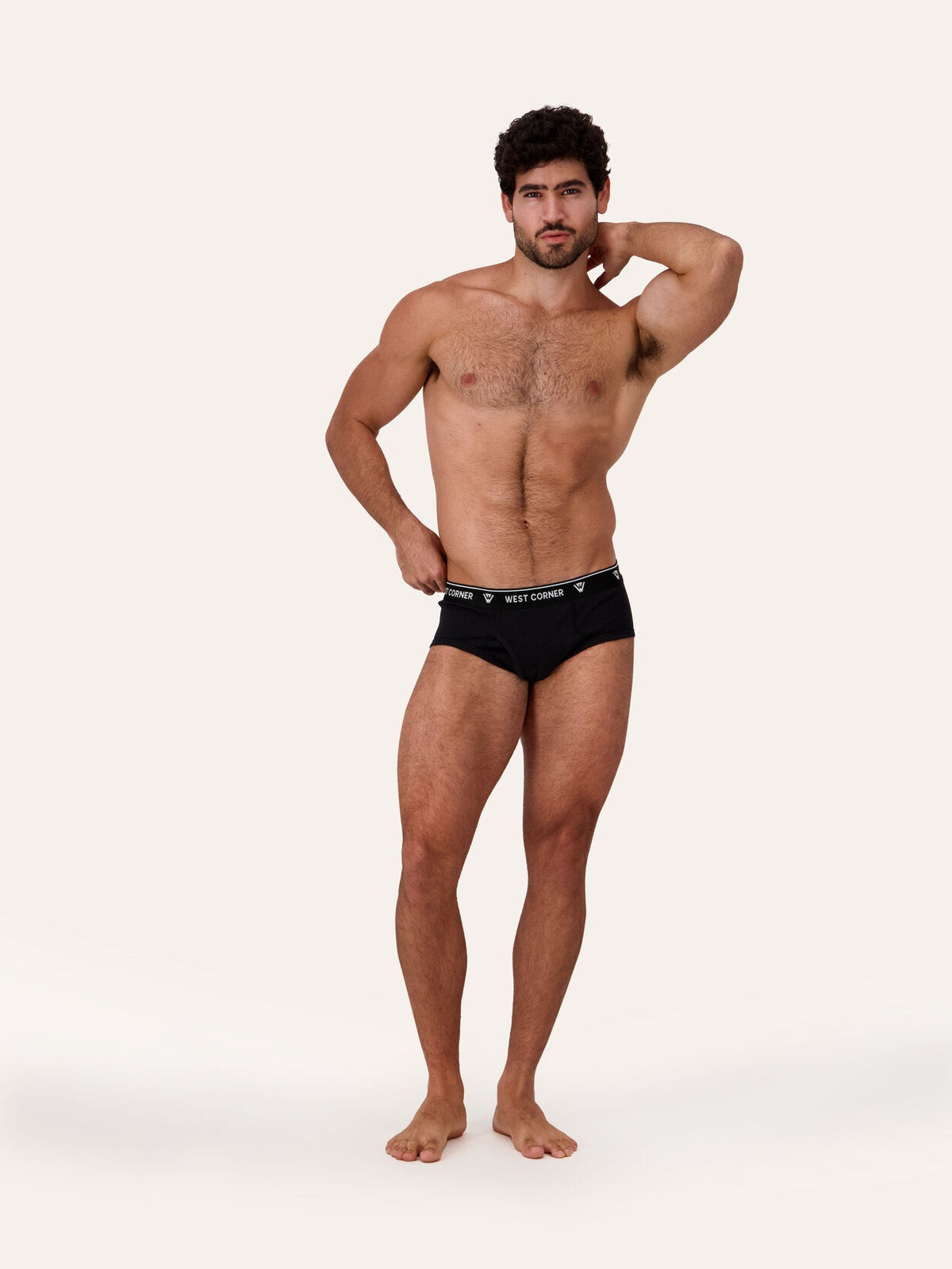 West Corner brief in black — front close-up, on model