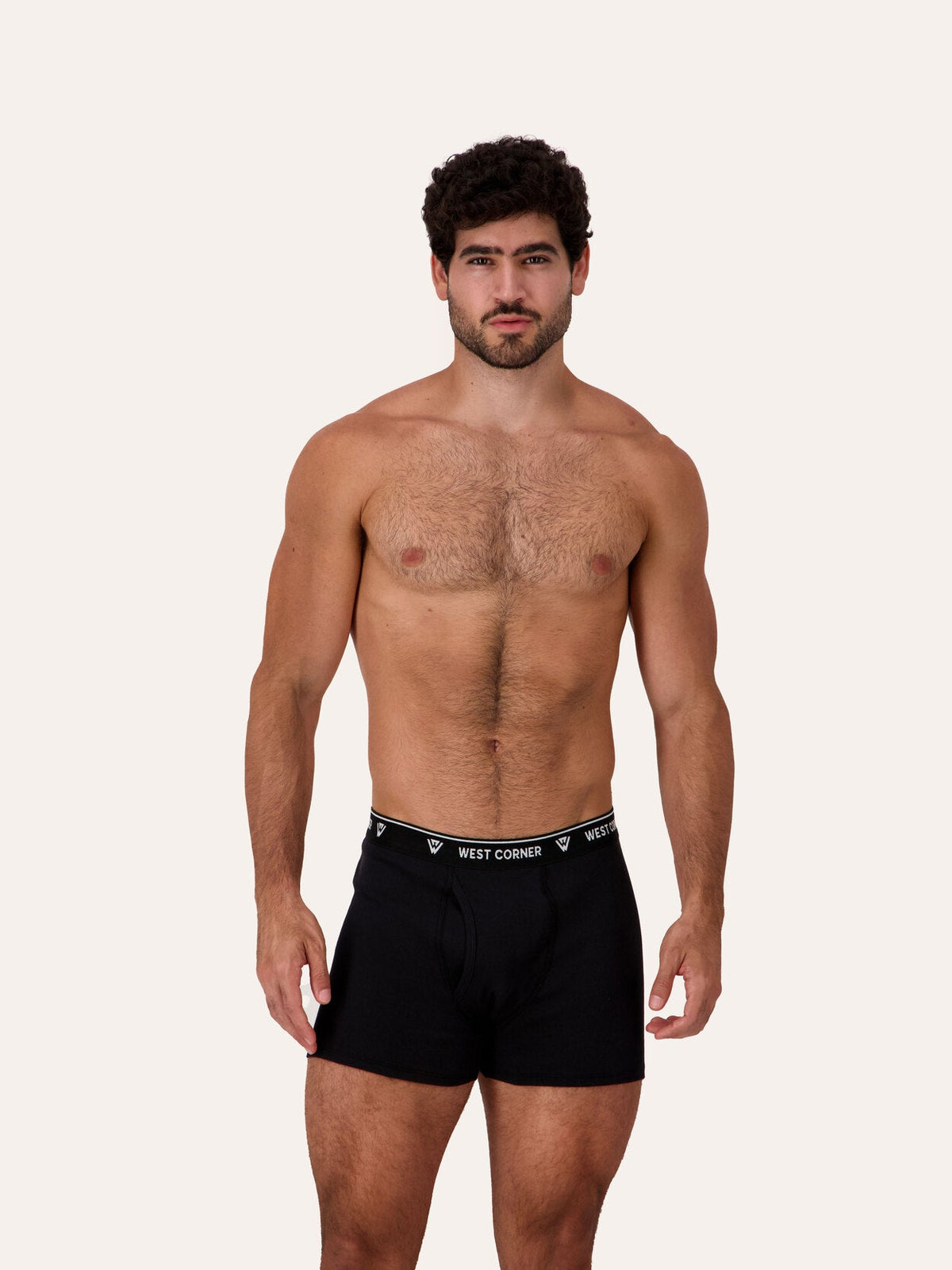 West Corner boxer brief in black — front close-up, on model