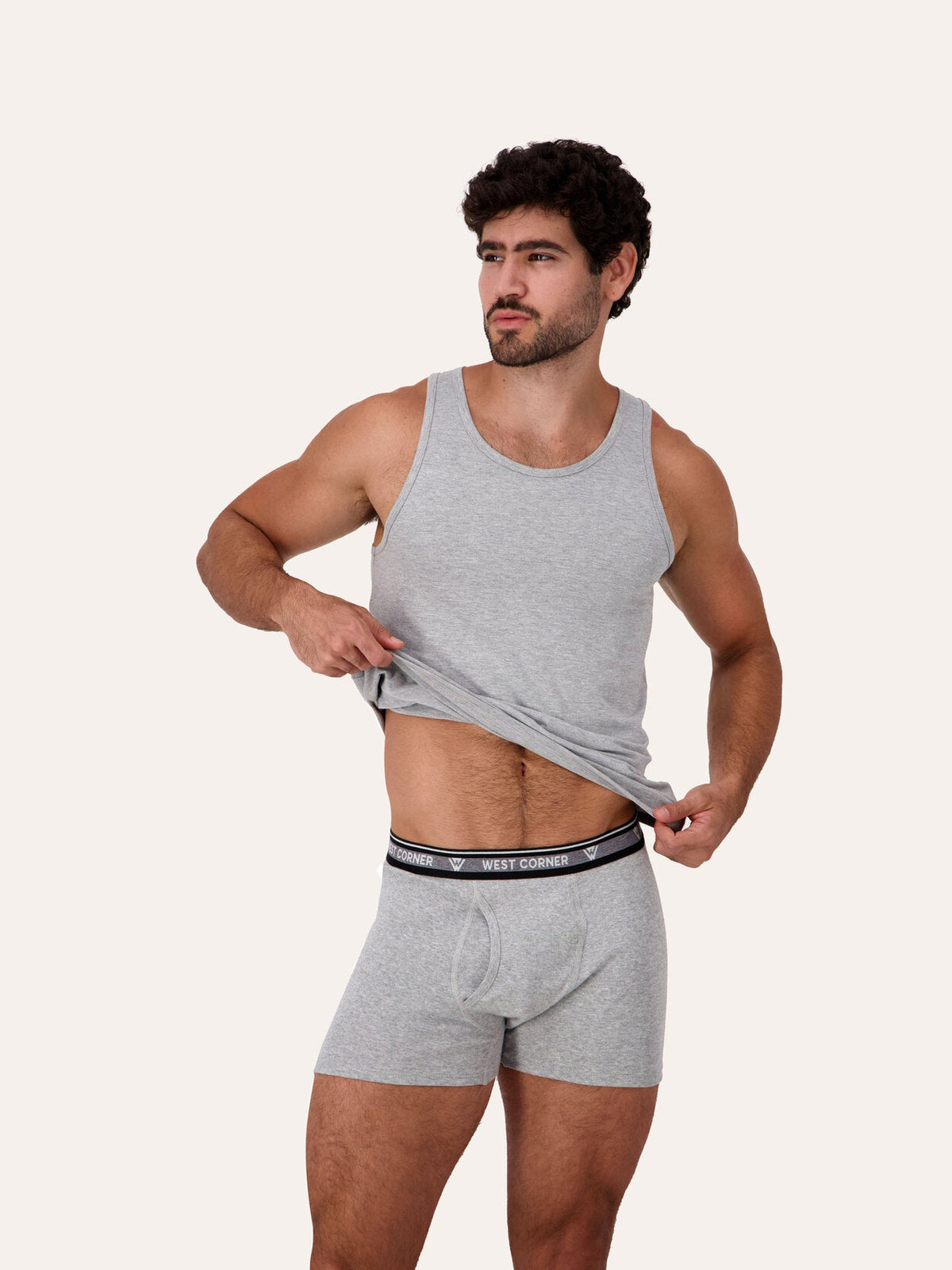 West Corner tank top in gray melange — on model, detail