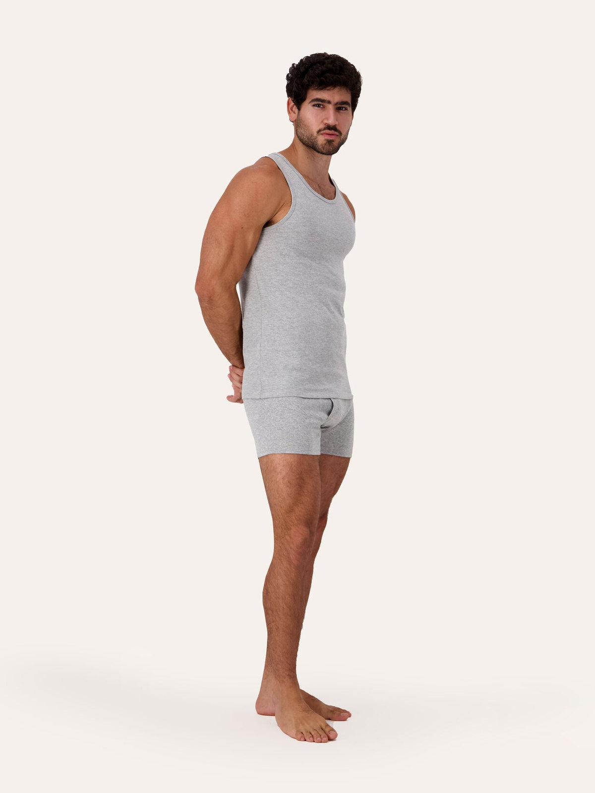 West Corner tank top in gray melange — side, on model