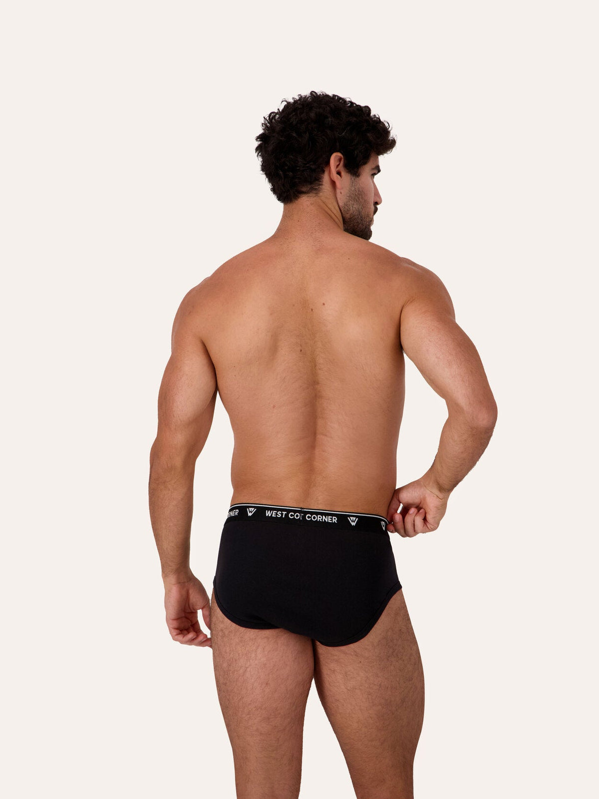West Corner brief in black — side, on model