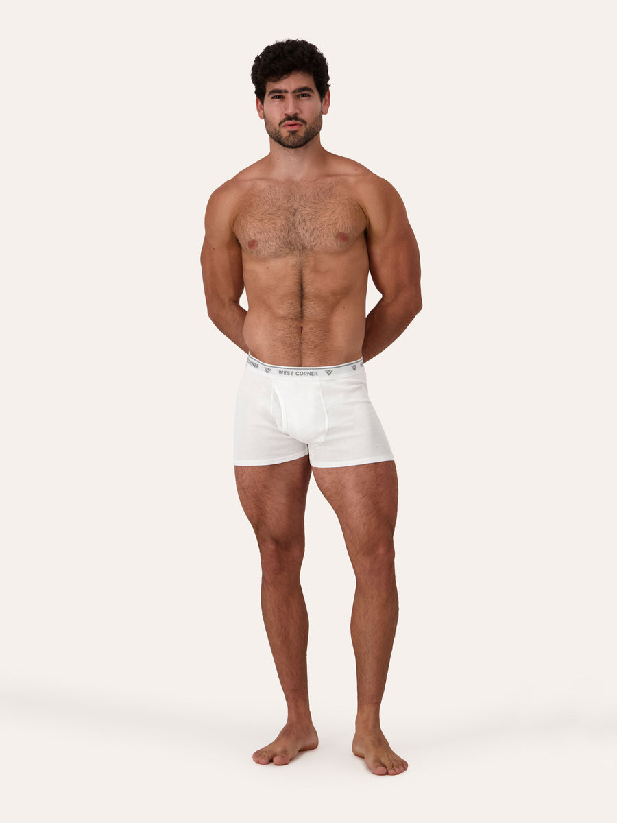 White / Black, White & Gray | West Corner boxer brief in white — front, on model
