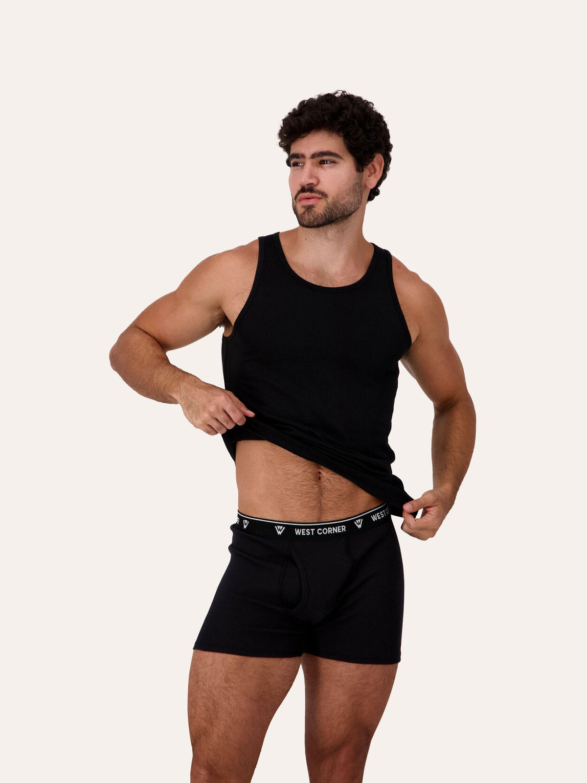 West Corner tank top in black — on model, detail