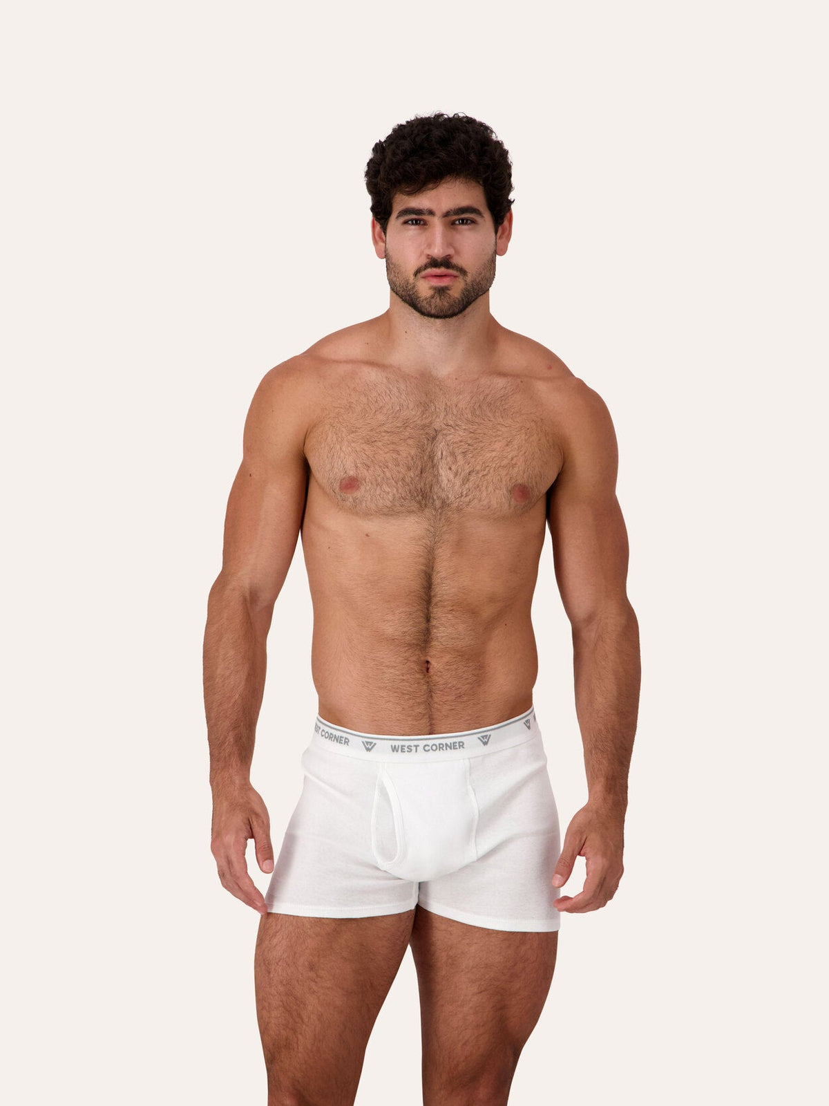 1 Pack / 3 Pack / 6 Pack | West Corner boxer brief in white — front close-up, on model