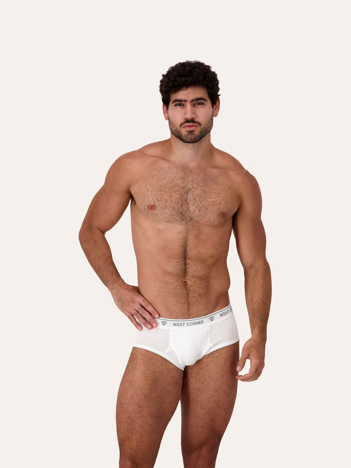 1 Pack / 3 Pack / 6 Pack | West Corner brief in white — front close-up, on model