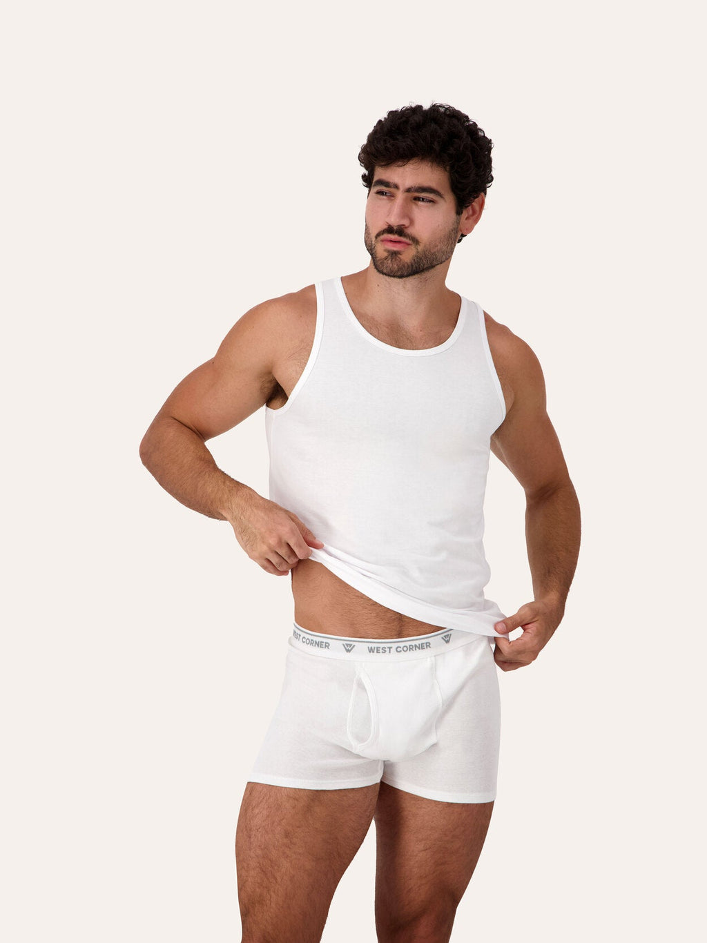 1 Pack / 3 Pack | West Corner tank top in white — on model, detail
