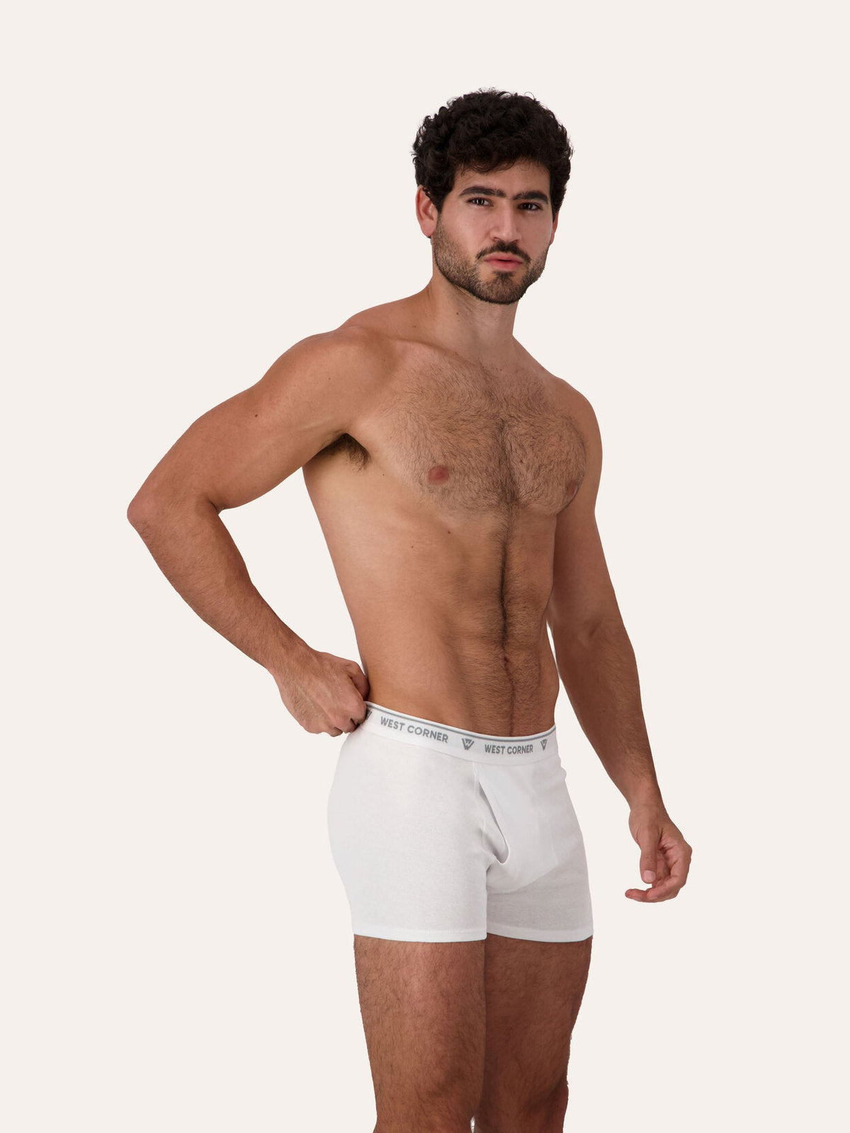 1 Pack / 3 Pack / 6 Pack | West Corner boxer brief in white — side, on model