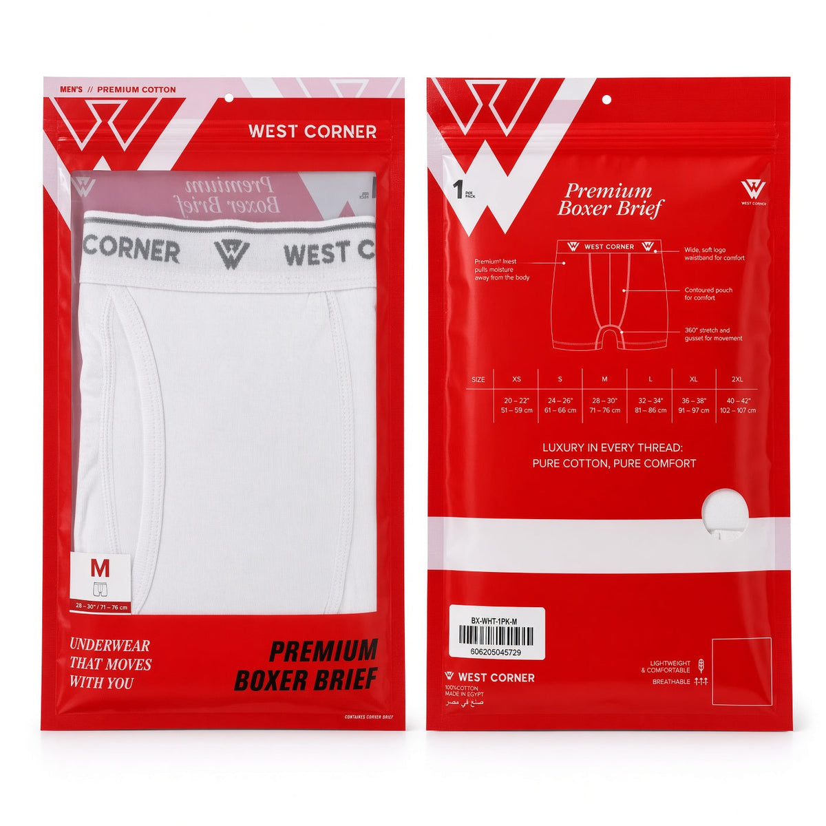 West Corner 1 pack Boxer Brief packaging reference, front and back; photographed garment colors shown.