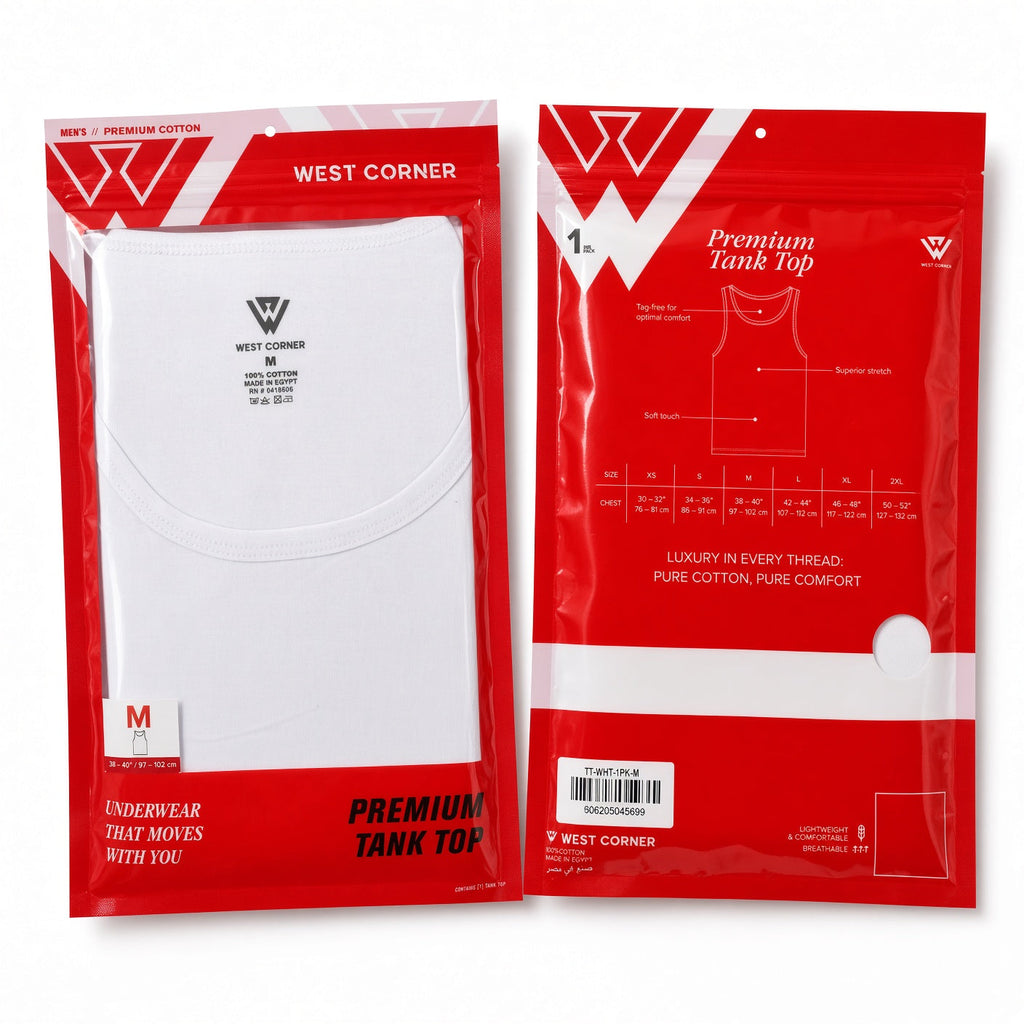 White / Black / Gray Melange / Black, White & Gray | West Corner 1 pack Tank Top packaging reference, front and back; photographed garment colors shown.
