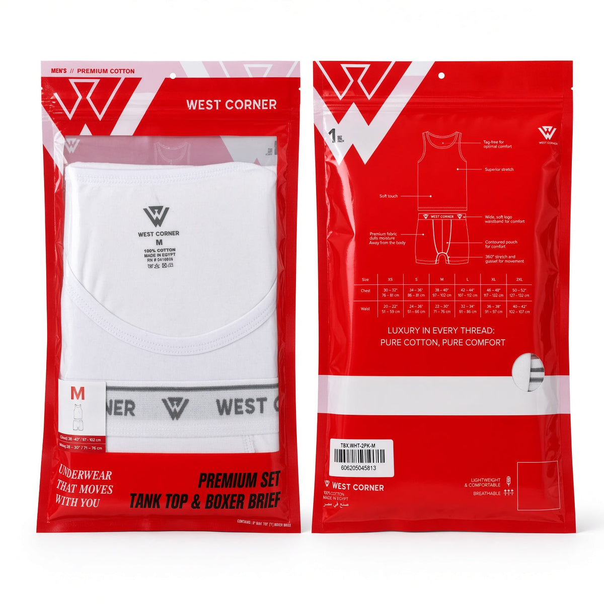 West Corner 1 set Set packaging reference, front and back; photographed garment colors shown.