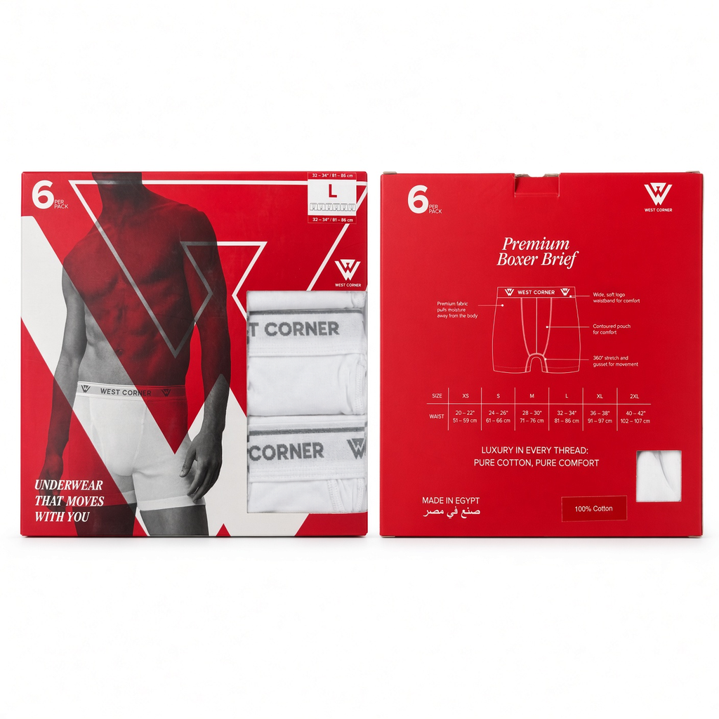 White / Black / Gray Melange / Black, White & Gray | West Corner 6 pack Boxer Brief packaging reference, front and back; photographed garment colors shown.